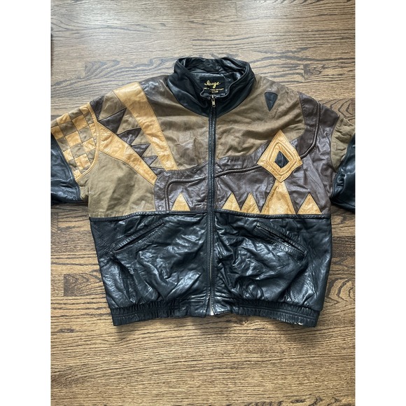 Vintage Multicolor Geometric Pattern Genuine Leather Jacket